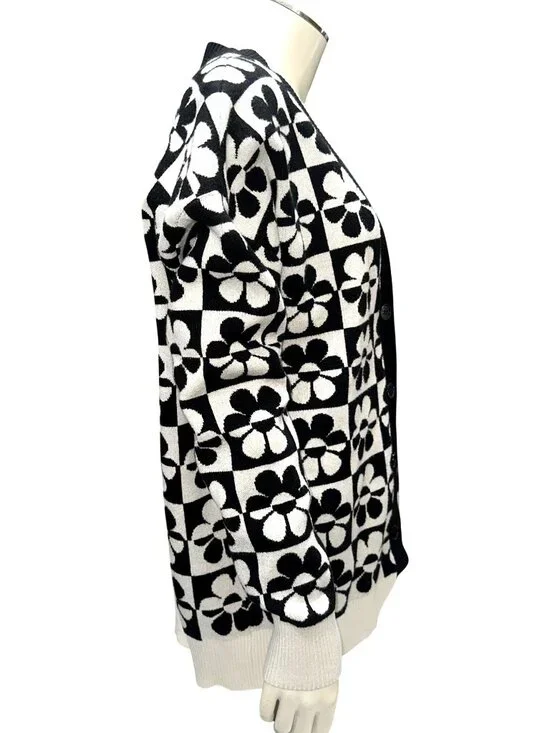 Forever 21 Small Black White Cardigan Floral Checker Knit Retro Preppy Daisy Mod - Picture 3 of 10